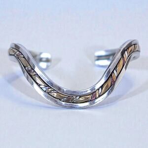 Vintage Sterling Silver Wavy Cuff Bracelet Two Tone Brass Rope Petite